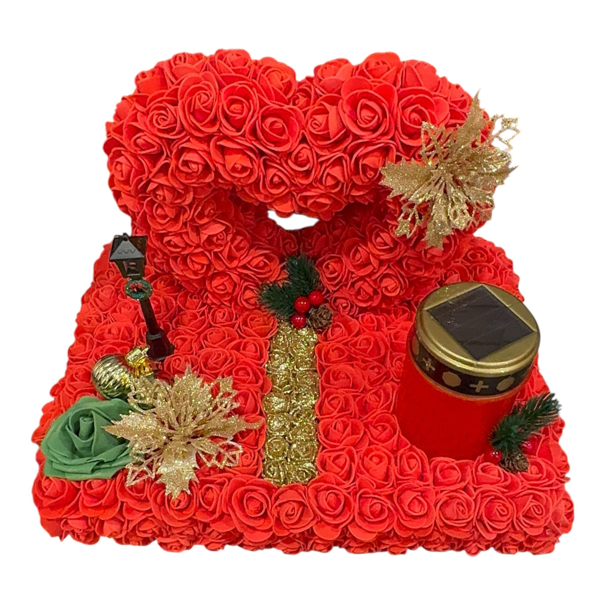 Plateau funéraire de Noël – Cœur de roses rouges & bougie LED solaire