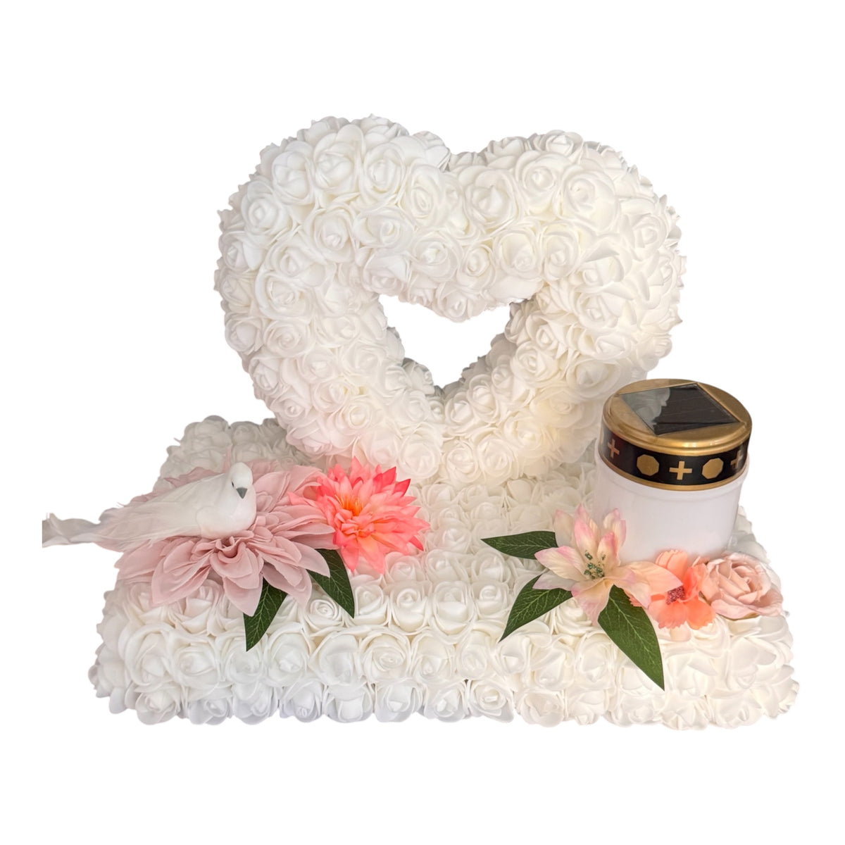 Plateau funéraire cœur fleuri avec bougie solaire