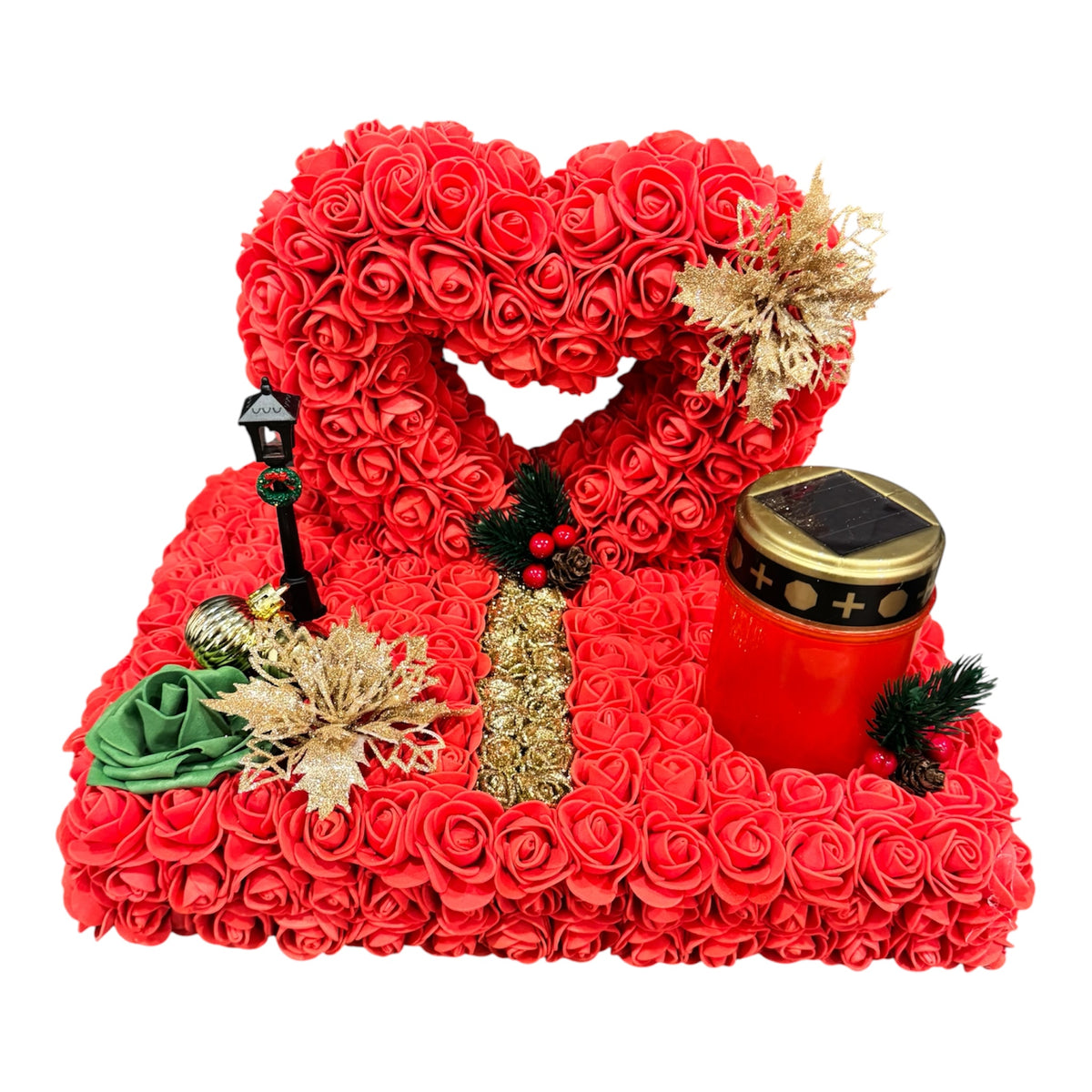 Plateau funéraire de Noël – Cœur de roses rouges & bougie LED solaire