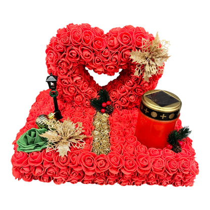 Plateau funéraire de Noël – Cœur de roses rouges & bougie LED solaire
