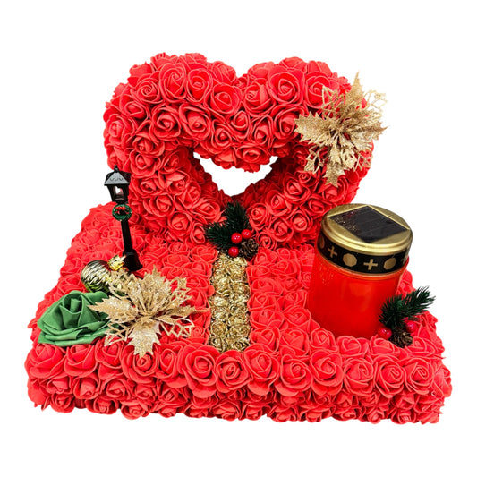 Plateau funéraire de Noël – Cœur de roses rouges & bougie LED solaire